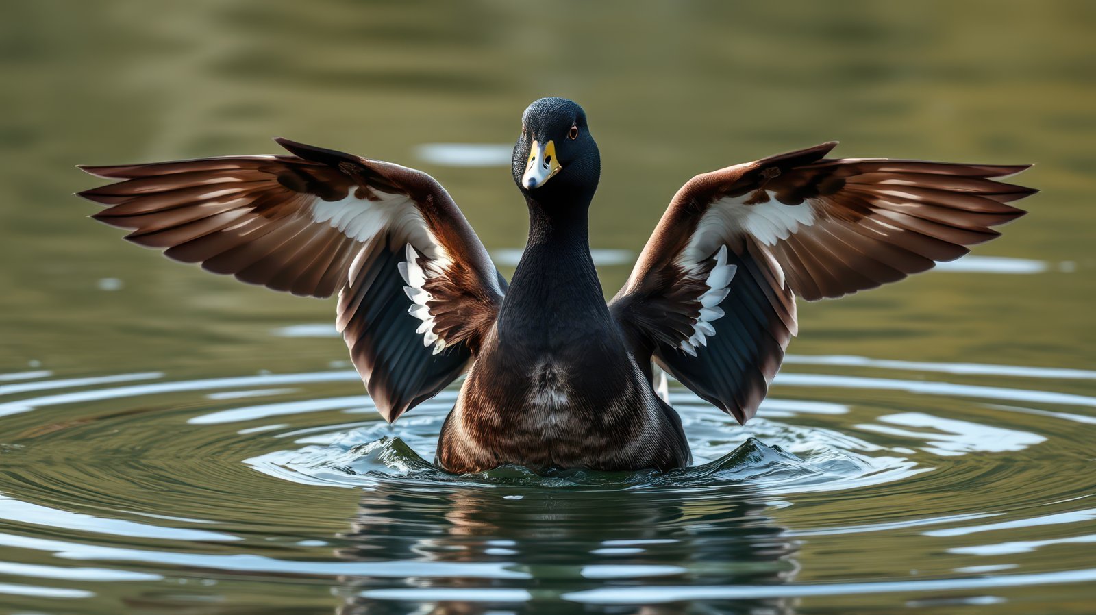Duck stretches its wings while floating on a serene pond at sunrise